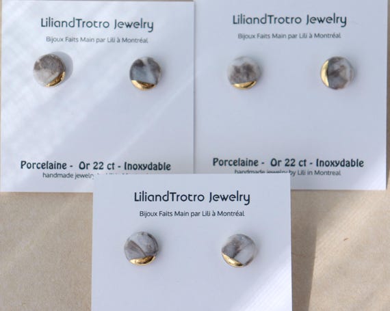 Marble Round  Gold dipped porcelain studs /22kt gold luster