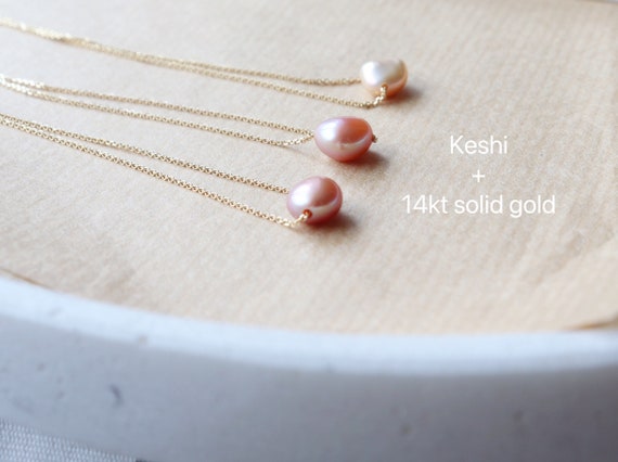 14kt solid yellow Gold minimalist natural keshi pearls gold necklaces