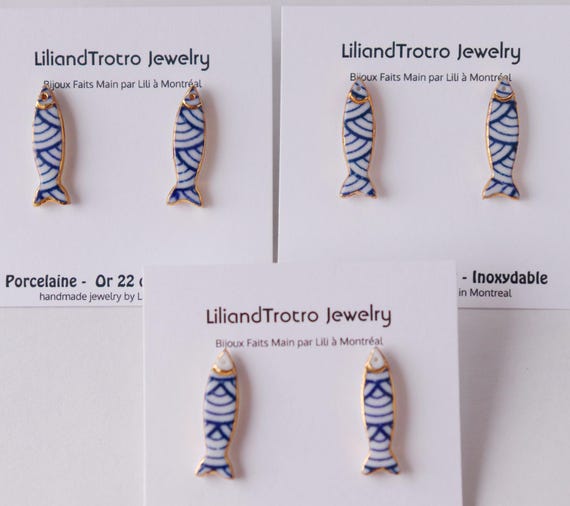 Blue porcelain Sardine studs earrings