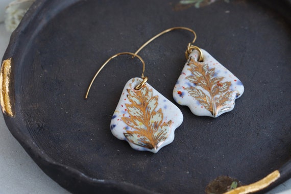 White colorful speckled plants porcelain earrings