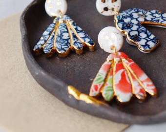 Asymmetrical two pieces assembled Big porcelain dangle earrings