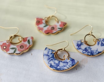 Qinghua  and peach flower porcelain dangle earrings