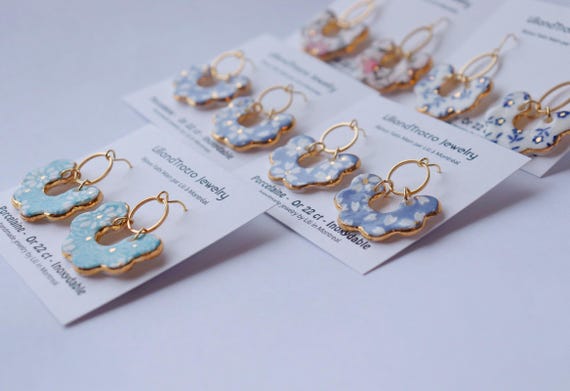 Scalloped shaped porcelain dangle earrings