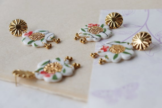 Big statement poeny flower porcelain earrings, spring vibes