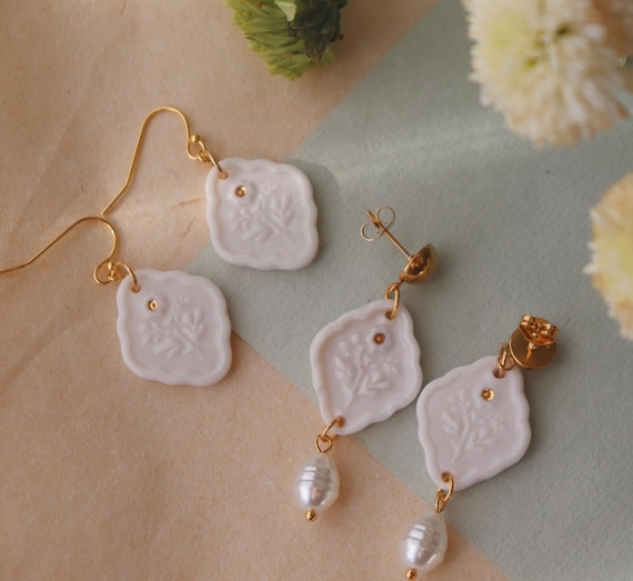 Shirt White porcelain dangle earrings