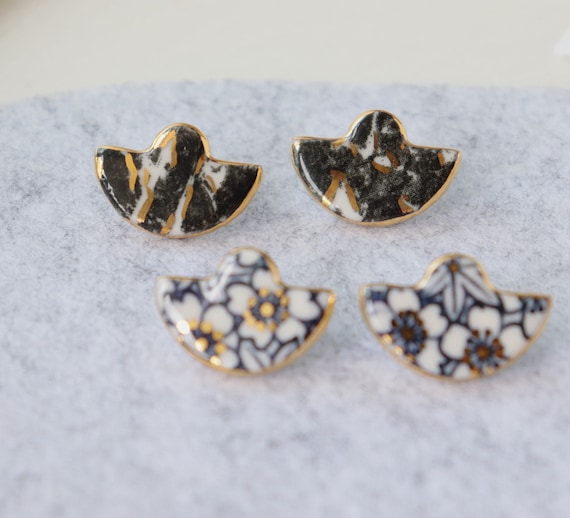 Mini Japanese Minoyaki porcelain Button earrings