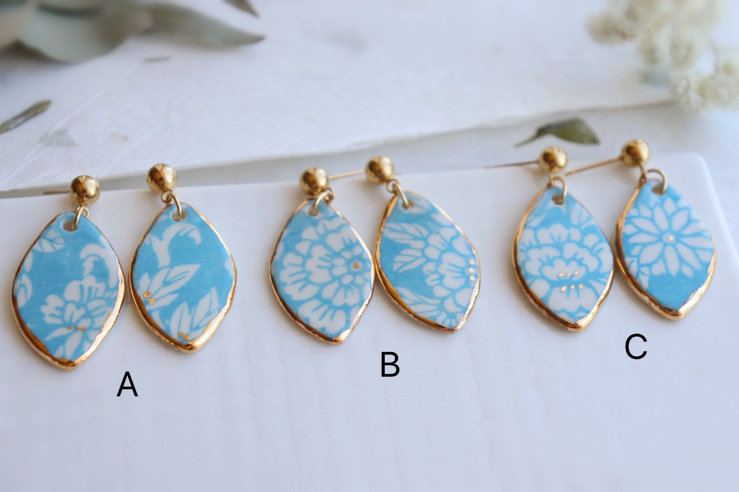 Sky blue teardrop floral pattern porcelain dangle earrings