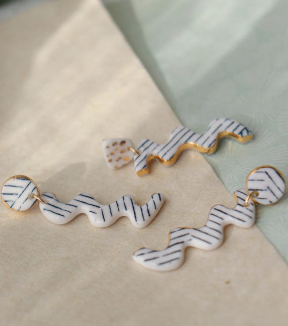 Asymmetrical lines zigzag porcelain  dangle earrings