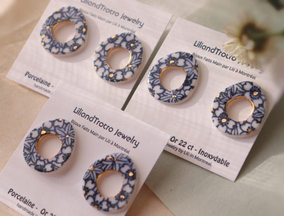 Blue flower cluster  circle porcelain earrings