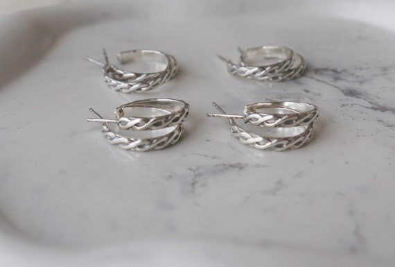 Oxidized patterned   3/4 silver hoop earrings
