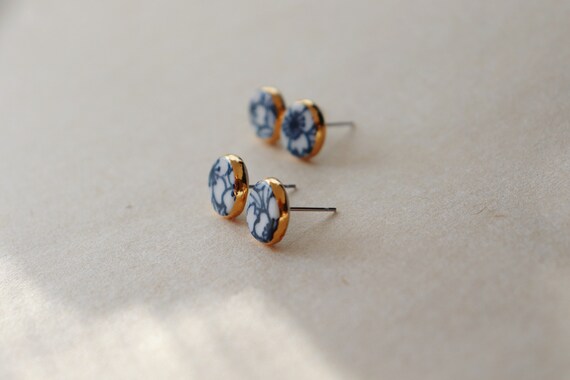 Blue floral porcelain button studs