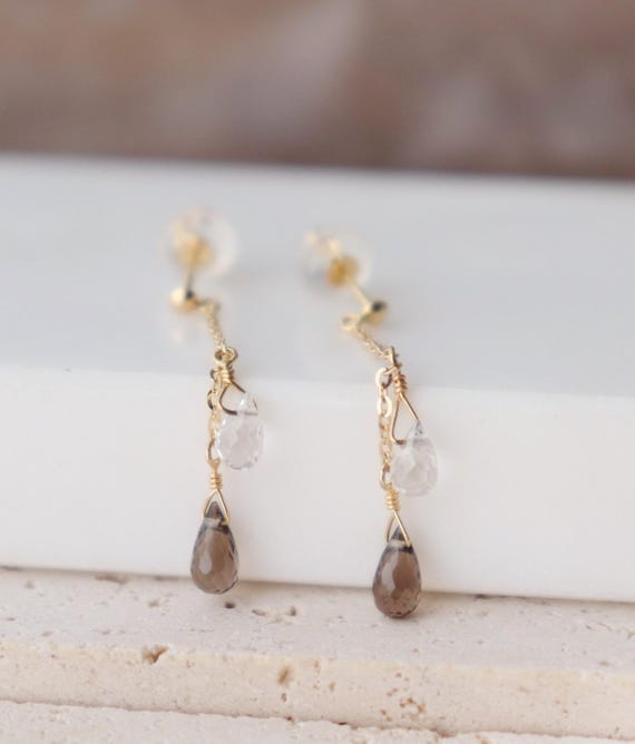 18kt  Solid yellow Gold topaz smoky quartz dangle earrings