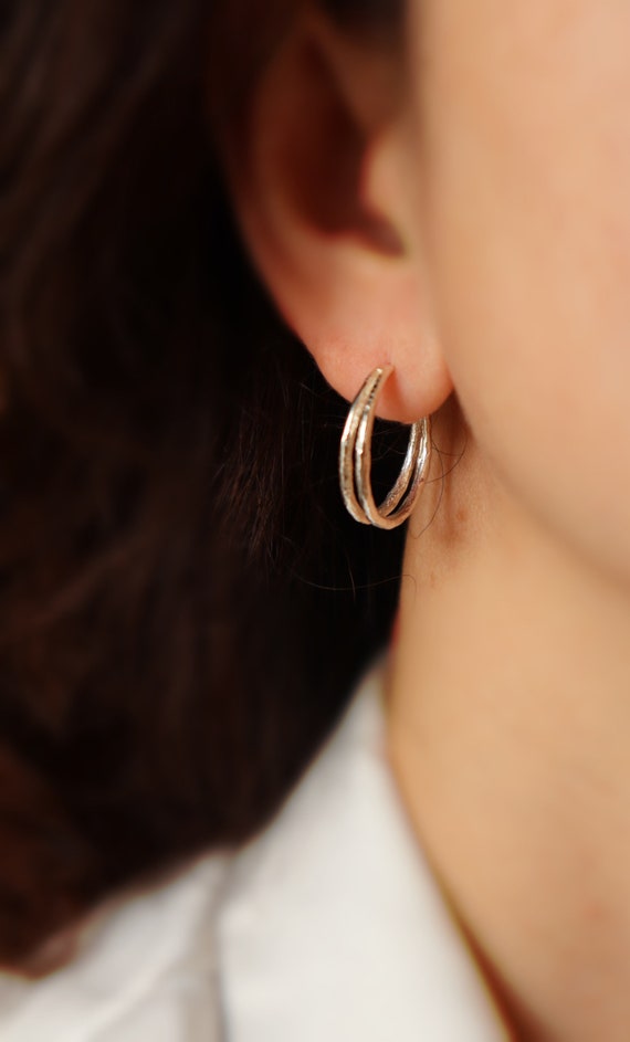 Rustic Double wired  silver hoop earrings