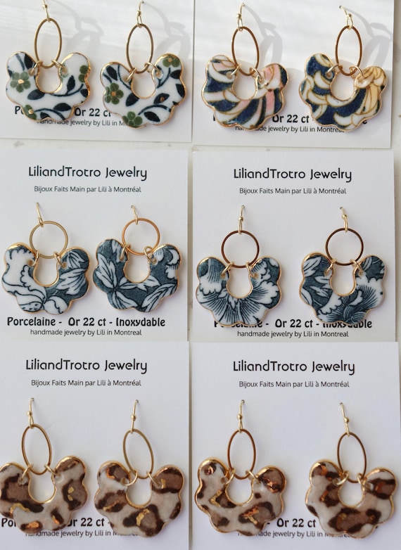 Scalloped shaped porcelain dangle earrings