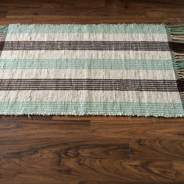 Handwoven rag rug/striped rag rug/brown and green rug