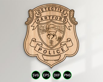 Hartford Connecticut Detective Badge SVG, clipart vettoriali del dipartimento di polizia per la lavorazione del legno, il taglio di vinile e la personalizzazione dell'incisione