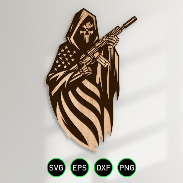 American Grim Reaper Holding Rifle SVG, USA American Flag Punisher Skull vector clipart for woodworking, vinyl cutting and engraving