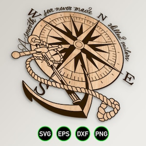 Nautical Compass Rose with Anchor SVG, Smooth Sea Never Made Skilled Sailors vector clipart for woodworking engraving