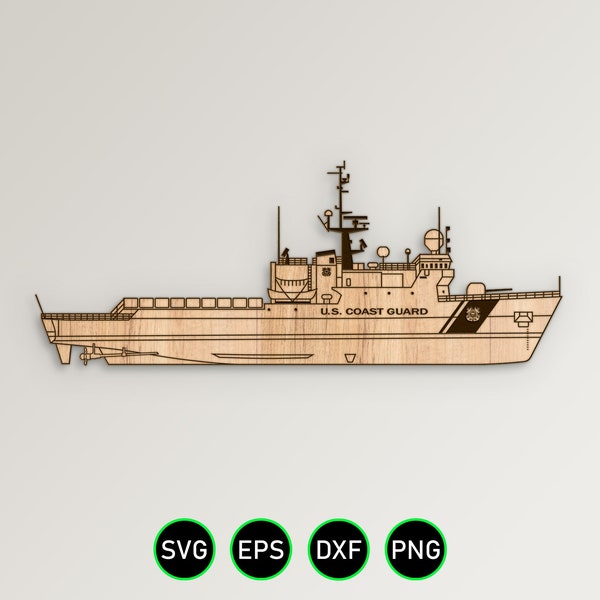 USCG WMEC 270 Ship Side Profile SVG, Coast Guard Reliance Class Cutter vector clipart for woodworking, vinyl cutting and engraving