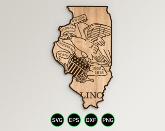 Illinois Flag State Shaped Outline SVG, State Seal of IL Design clipart vettoriali per la lavorazione del legno, il taglio di vinile e la personalizzazione dell'incisione