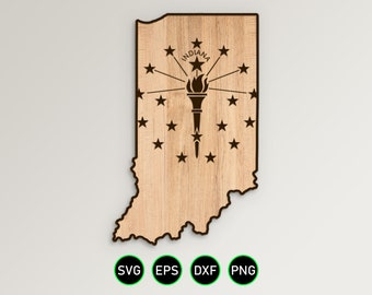 Indiana Flag State Shaped Outline SVG, State Seal of IN Design clipart vettoriali per la lavorazione del legno, taglio e incisione su vinile