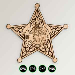 Hillsborough County Florida Sheriff Badge SVG, FL Sheriff Deputy Star vector clipart for woodworking, vinyl cutting and engraving