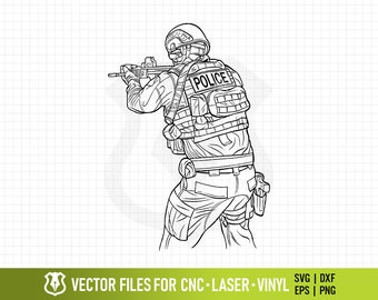 Tactical Police Officer Wearing Helmet, Vest and Duty Belt with Rifle Outline Vector Clipart