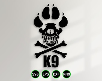 K9 Dog Paw Skull Crossed Bones SVG, clipart vettoriali Canine Officer per la lavorazione del legno, il taglio di vinile e la personalizzazione dell'incisione