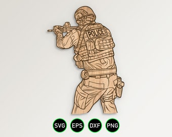 Tactical Police Officer Firing Stance SVG, Police Officer Drawing Outline vector clipart for woodworking, vinyl cutting and engraving