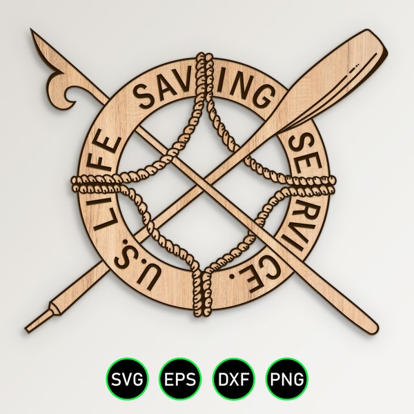 USCG Life Saving Service Pin SVG, Coast Guard LSS Rescue Life Ring Oar vector clipart for woodworking and engraving