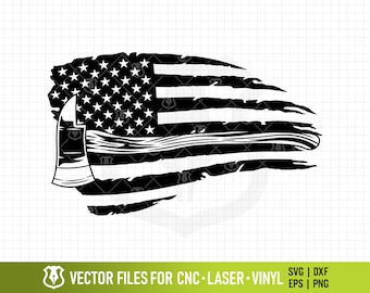 American Flag with Firefighters Ax Tattered Design Vector Clipart File - SVG for CNC & Laser Engraving