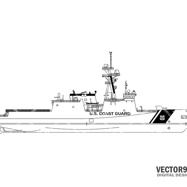 USCG WMSL National Security Cutter Side Profile Outline, Coast Guard NSC Boat Ship Digital Vector Cut File .ai, .svg, .png