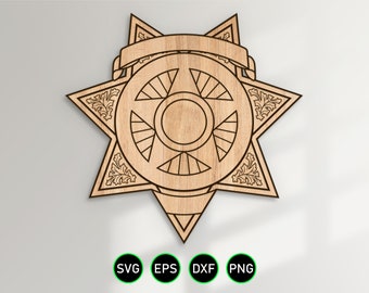 Distintivo della stella a sette punte v10 SVG, clipart vettoriali del distintivo della polizia della stella del vice sceriffo vuoto per la lavorazione del legno, il taglio e l'incisione di vinile