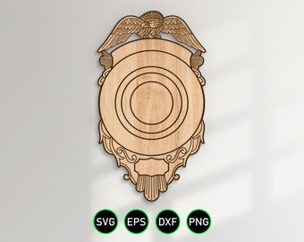 Badge With Eagle v32 SVG, clipart vettoriali in bianco dello sceriffo del fuoco della polizia per la lavorazione del legno, il taglio di vinile e la personalizzazione dell'incisione