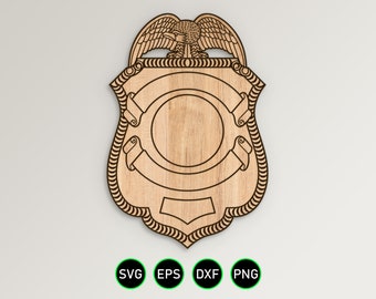 Blank Eagle Topped Badge SVG, Police Badge Design v31 vector clipart for woodworking, vinyl cutting and engraving personalization