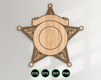 Five Point Badge v12 SVG, Blank Sheriff Deputy Star Design vector clipart for woodworking, vinyl cutting and engraving personalization