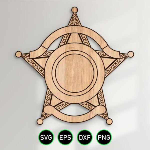 Five Point Star Badge v1 SVG, Blank Sheriff Police Style Badge Version 1 vector clipart for woodworking and engraving personalization