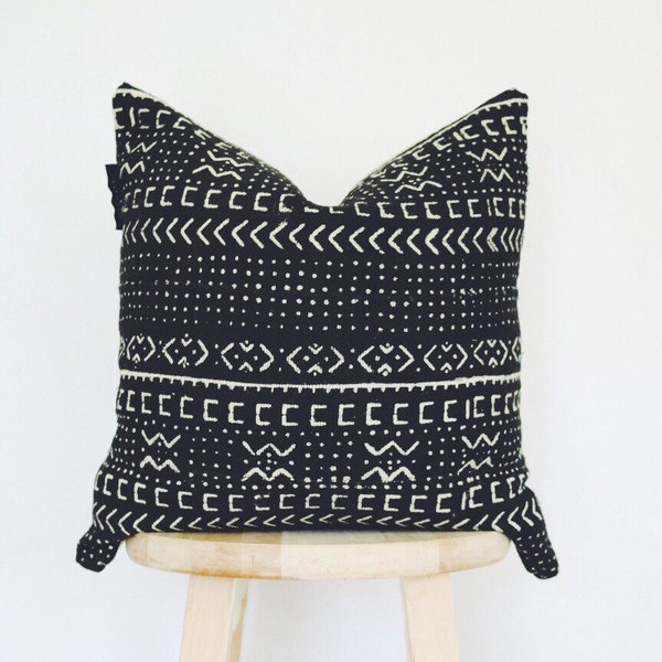 African Black Mudcloth Pillow Cover, boho, mud cloth, vintage, gift for her, "Amara" 18 x 18