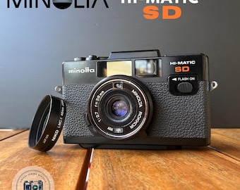 Minolta Hi-Matic SD 35mm Film Camera with Rare NIKO Lens Hood | Serviced Vintage Rangefinder, Built-in Date Stamp, Tested & Working