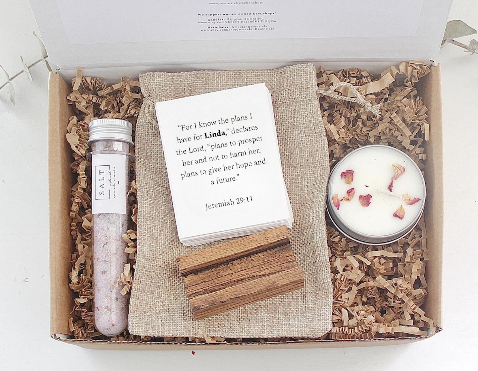 Christian Gift Box Salt & Light Bath Salts Candle Personalized Scripture Cards Encouragement Gift Care Package Sympathy Condolences Congrats