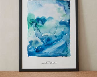 Abstract Contemporary Blue Sea Wave Lake Watercolor Painting, Printable Art, Original art, Floral Wall Art, Instant Download