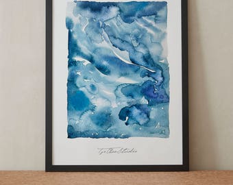 Abstract Contemporary Blue Sea Wave Relieve Rain Watercolor Painting, Printable Art, Original art, Floral Wall Art, Instant Download