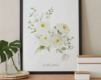 White Pastel Rose Peony Watercolor Painting, Peonies Flower, Printable Art, Original art, Instant Download