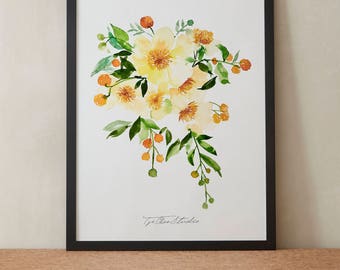 Orange Yellow Peonies Craspedia Watercolor Painting, Peony Flowers, Printable Art, Original art, Floral Wall Art, Instant Download