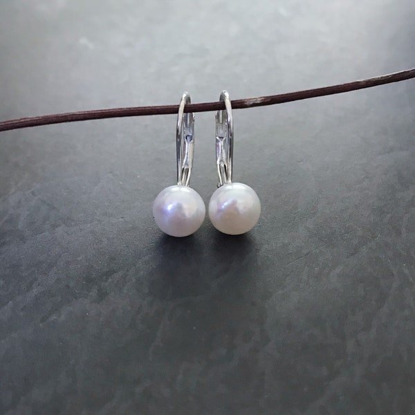 Gorgeous  natural 7mm fresh water white pearl sterling silver lever back earrings handmade petite everyday jewelry E666W