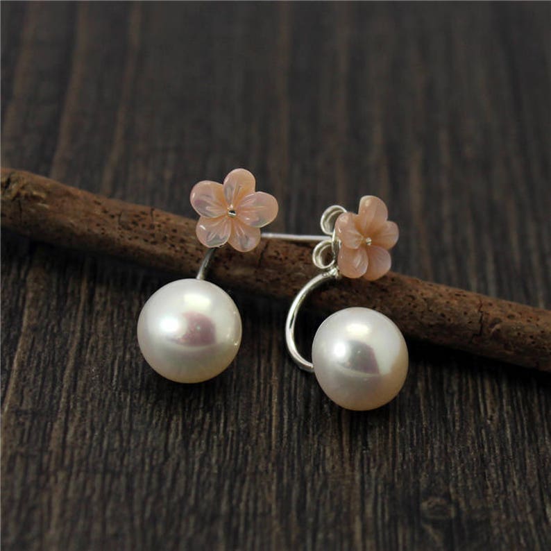 Light Pink Mother of Pearl Seashell Flower Fresh Water Button Pearl 925 Silver Ear Jackets Earrings Party Wedding Prom Jewelery E540