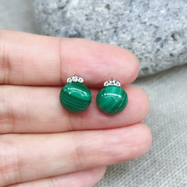 Natural Malachite button bead rhinestone tiara design sterling silver stud earrings gemstone petite everyday jewelry E626