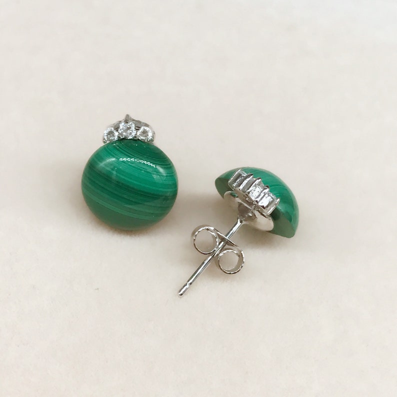 Natural Malachite button bead rhinestone tiara design sterling silver stud earrings gemstone petite everyday jewelry E626