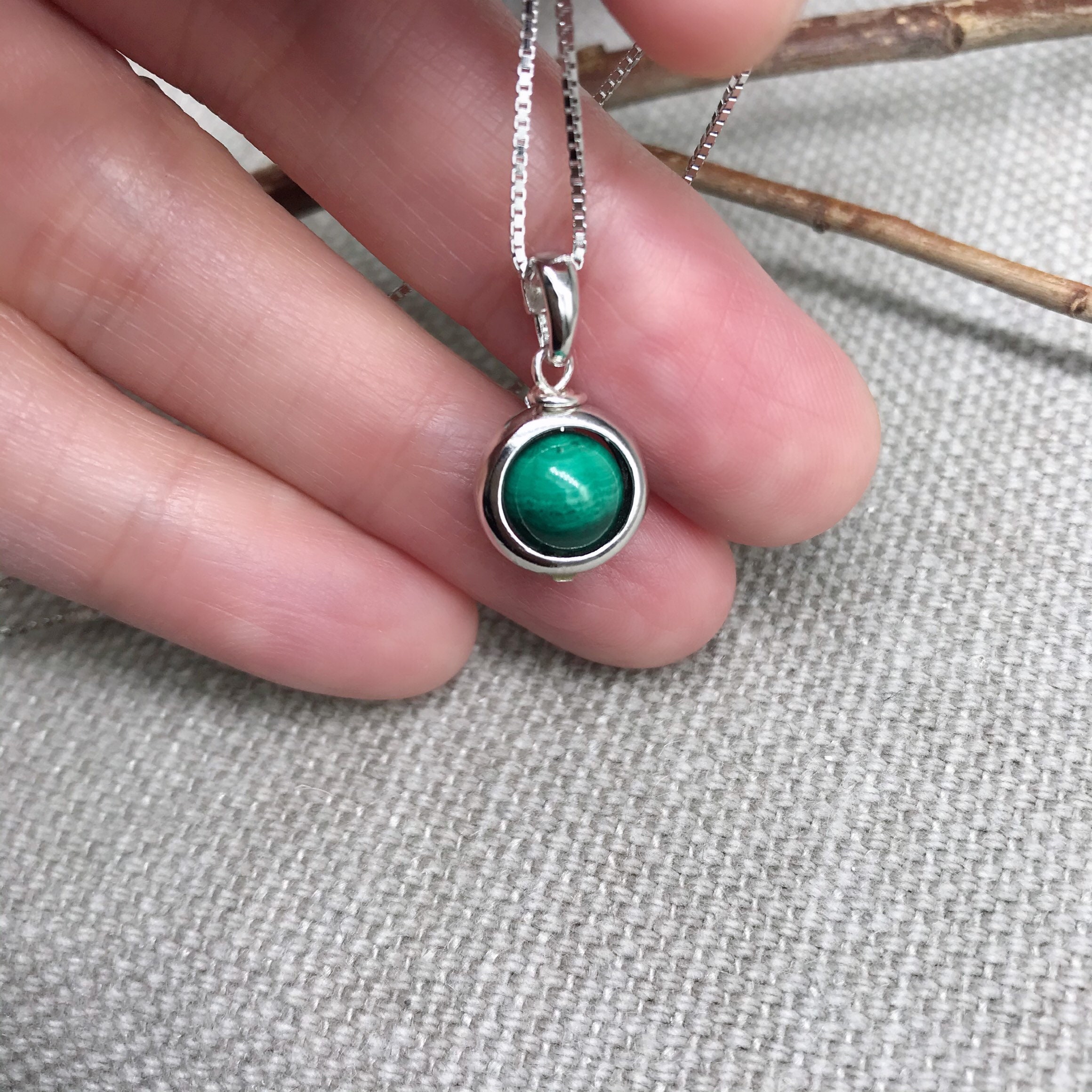 Natural Malachite Charm Sterling Silver Chain Necklace Etsy