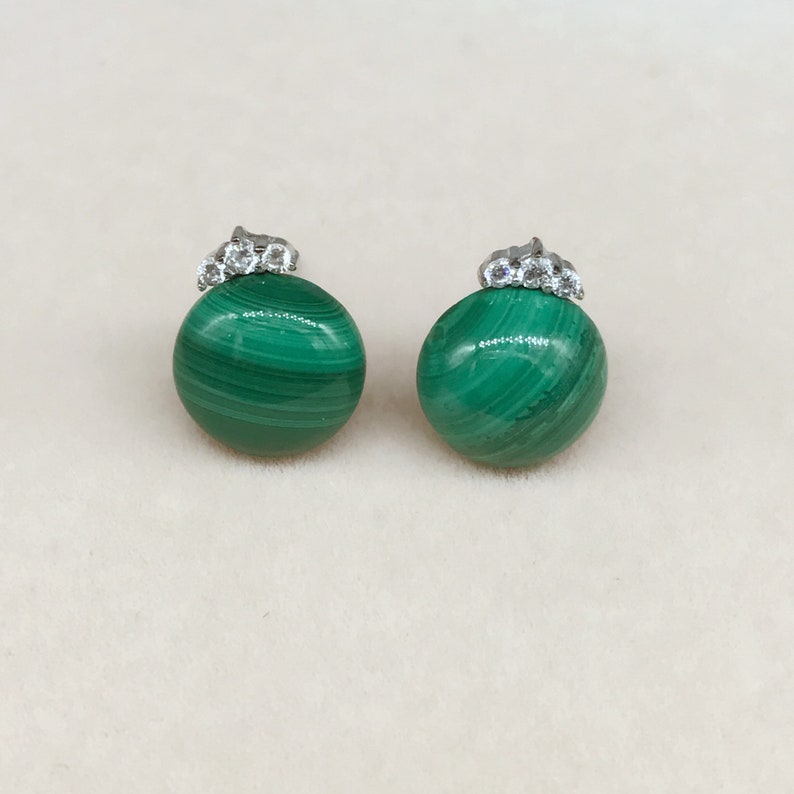 Natural Malachite button bead rhinestone tiara design sterling silver stud earrings gemstone petite everyday jewelry E626